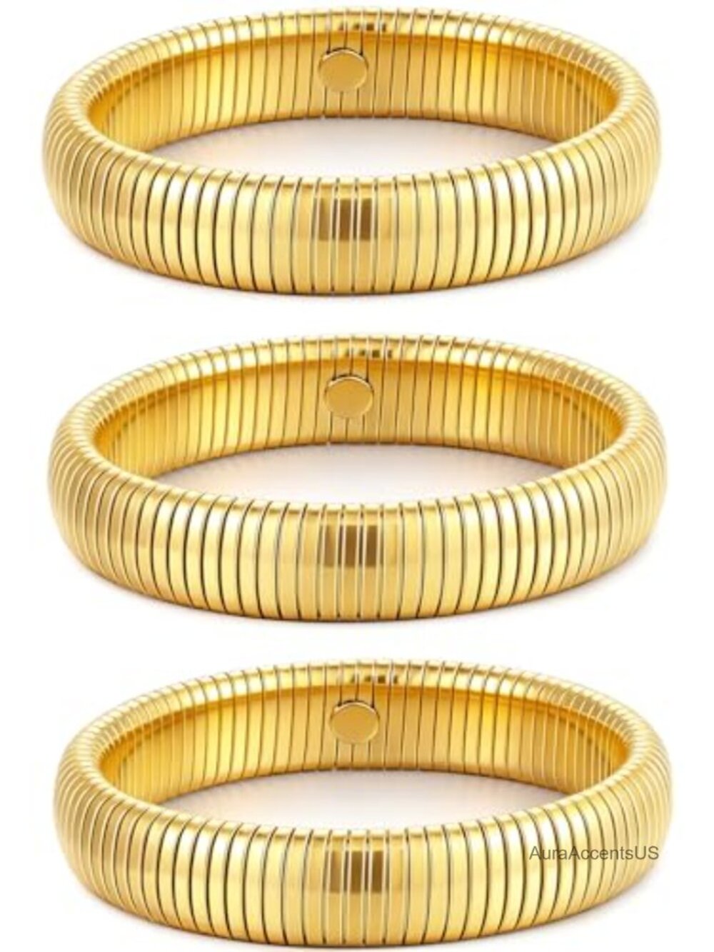 24K Gold Plated Stainless Steel Bangle Bracelets Set of 3 Chunky Stretch